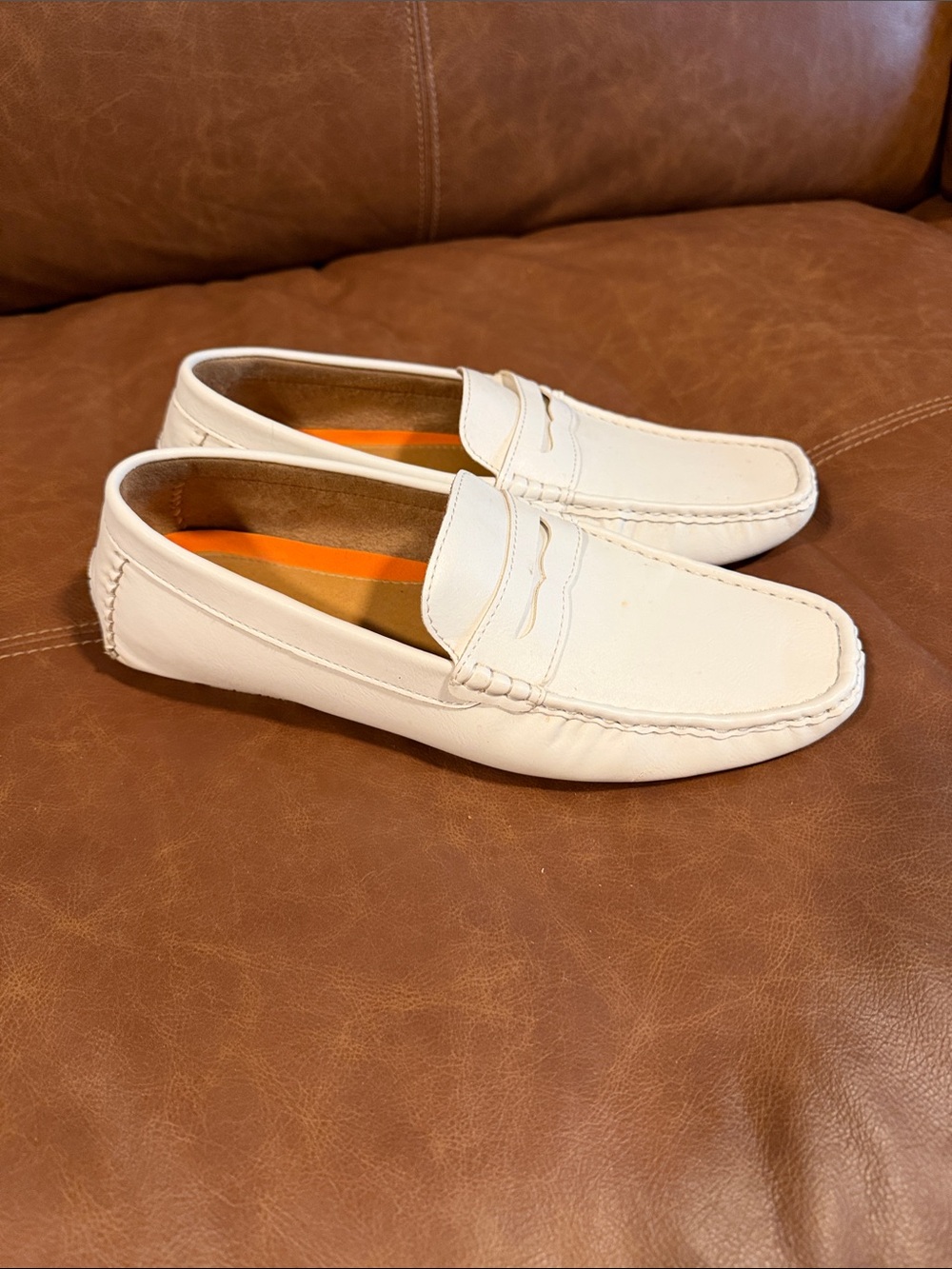 Jensen White Leather Slip-On Loafers with Orange Insole - Picture 3 of 7